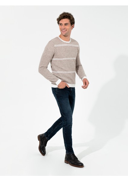 Erkek Bej Slim Fit Bisiklet Yaka Triko Kazak 50258829-VR011