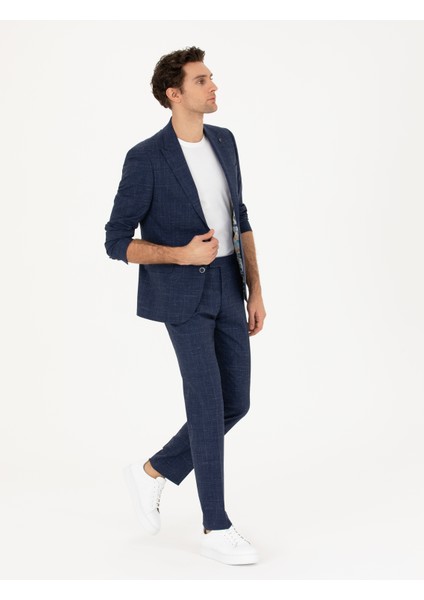 Erkek Lacivert Slim Fit Yün Keten Karışımlı Takım Elbise 50284845-VR033