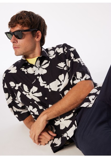 Geniş Fit Siyah Erkek Gömlek Jorfaro Lınen Aop Oversızed Shırt S