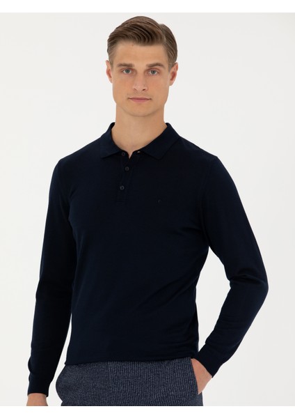 Erkek Lacivert Slim Fit Polo Yaka Basic Triko Kazak 50270169-VR033