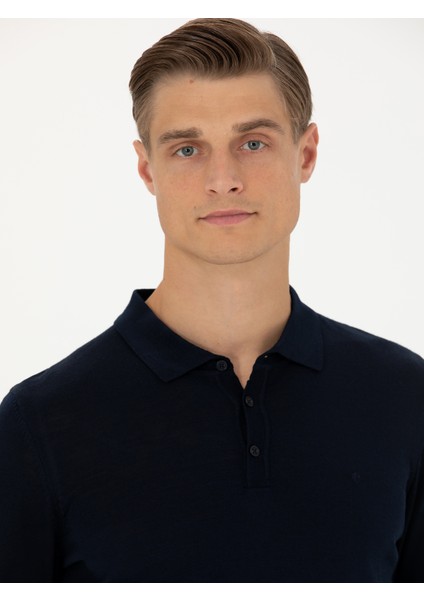 Erkek Lacivert Slim Fit Polo Yaka Basic Triko Kazak 50270169-VR033
