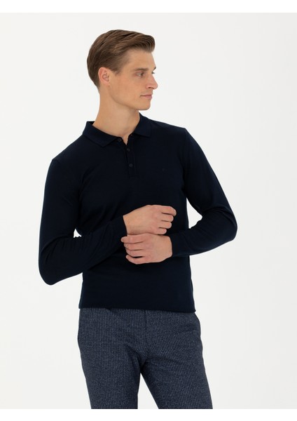 Erkek Lacivert Slim Fit Polo Yaka Basic Triko Kazak 50270169-VR033