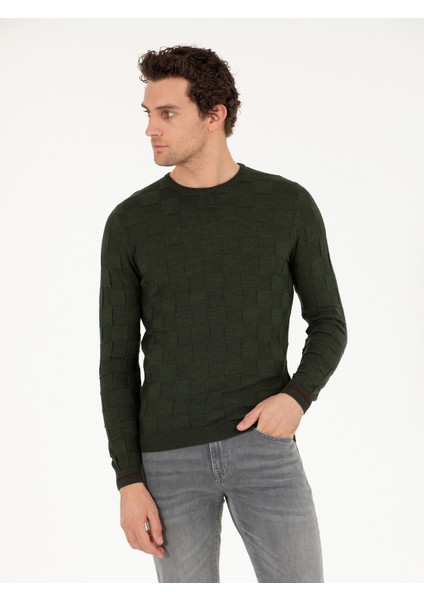 Erkek Haki Slim Fit Yün Karışımlı Bisiklet Yaka Triko Kazak 50258883-VR027