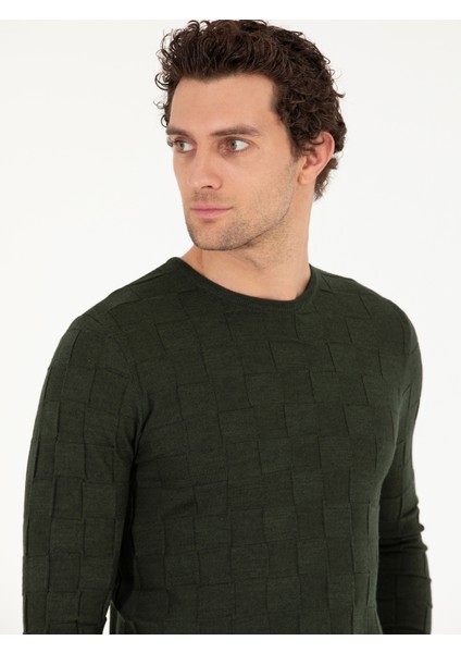 Erkek Haki Slim Fit Yün Karışımlı Bisiklet Yaka Triko Kazak 50258883-VR027 fiyatları