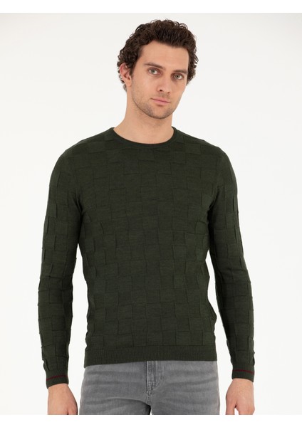 Erkek Haki Slim Fit Yün Karışımlı Bisiklet Yaka Triko Kazak 50258883-VR027 modelleri