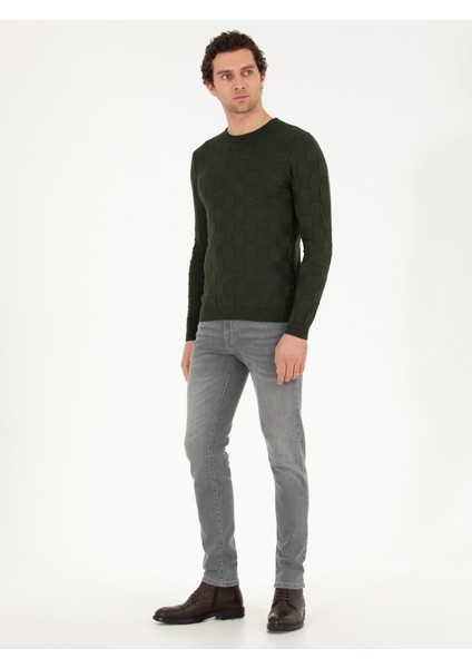 Erkek Haki Slim Fit Yün Karışımlı Bisiklet Yaka Triko Kazak 50258883-VR027 fırsatları