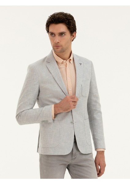 Erkek Açık Gri Slim Fit Yün Keten Karışımlı Ceket 50284564-VR001