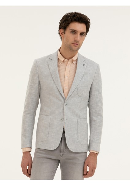 Erkek Açık Gri Slim Fit Yün Keten Karışımlı Ceket 50284564-VR001