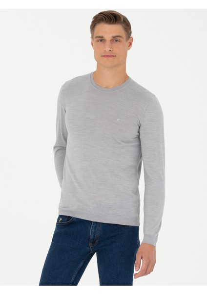 Erkek Açık Gri Slim Fit Bisiklet Yaka Triko Kazak 50270174-VR001