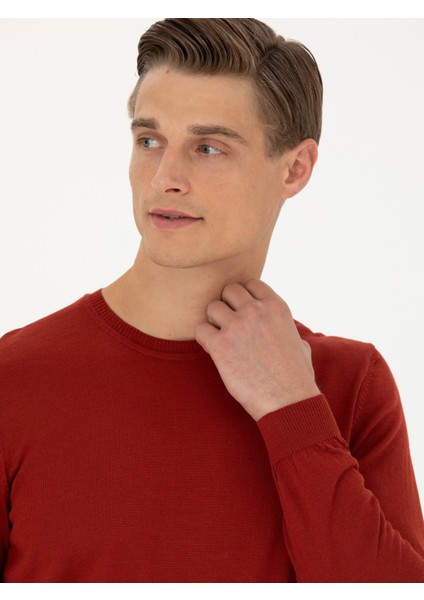 Erkek Koyu Kiremit Slim Fit Bisiklet Yaka Triko Kazak 50270174-VR206