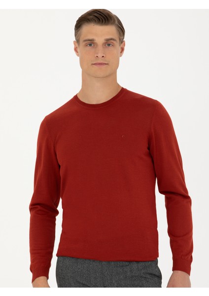 Erkek Koyu Kiremit Slim Fit Bisiklet Yaka Triko Kazak 50270174-VR206