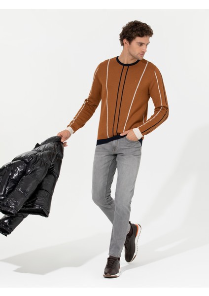 Erkek Açık Kahverengi Slim Fit Bisiklet Yaka Triko Kazak 50259623-VR002