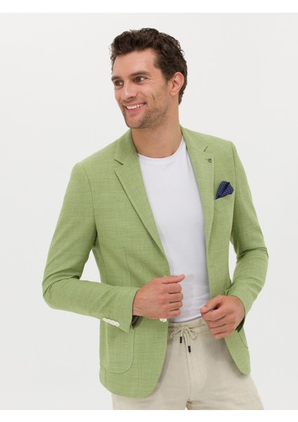 Erkek Yeşil Slim Fit Yün Keten Karışımlı Ceket 50264777-VR087