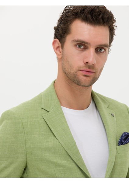 Erkek Yeşil Slim Fit Yün Keten Karışımlı Ceket 50264777-VR087