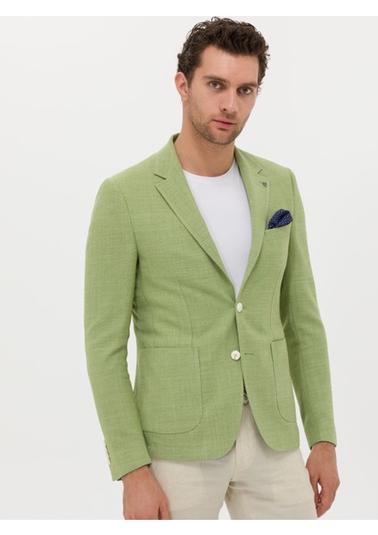 Erkek Yeşil Slim Fit Yün Keten Karışımlı Ceket 50264777-VR087
