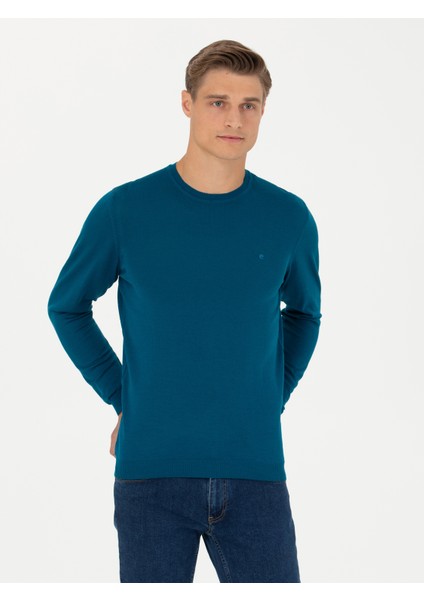 Erkek Petrol Slim Fit Bisiklet Yaka Triko Kazak 50270174-VR102