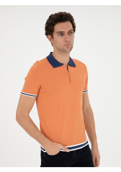 Erkek Turuncu Slim Fit Fermuarlı Polo Yaka Triko T-shirt 50285434-VR051