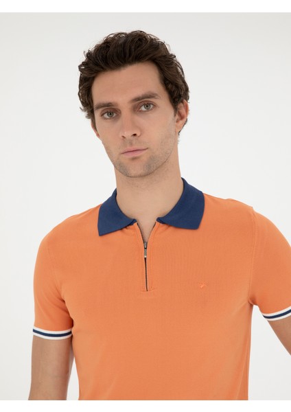Erkek Turuncu Slim Fit Fermuarlı Polo Yaka Triko T-shirt 50285434-VR051 fiyatları