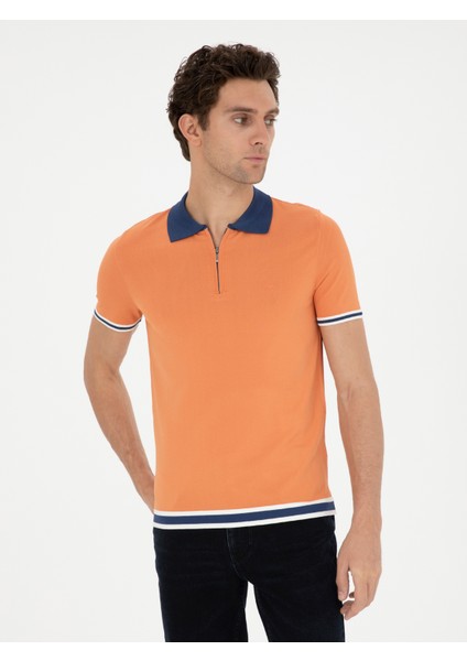 Erkek Turuncu Slim Fit Fermuarlı Polo Yaka Triko T-shirt 50285434-VR051 modelleri