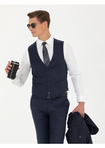 Erkek Lacivert Slim Fit Yün Karışımlı Çizgili Klasik Yelek 50270155-VR033