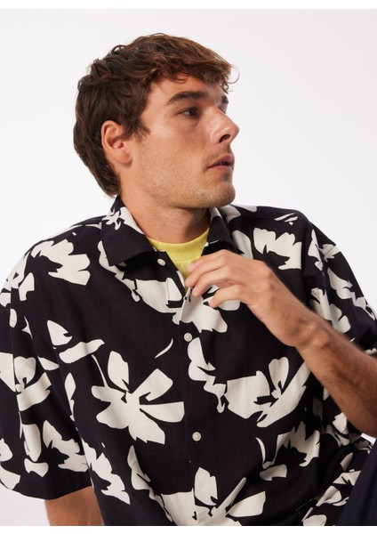 Geniş Fit Siyah Erkek Gömlek Jorfaro Lınen Aop Oversızed Shırt S fiyatları