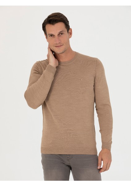 Erkek Camel Slim Fit Bisiklet Yaka Triko Kazak 50270174-VR015