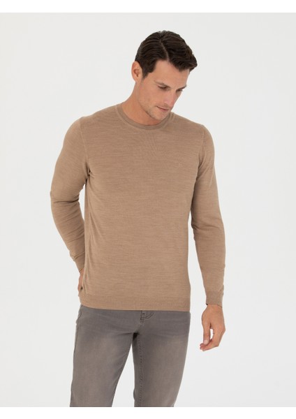 Erkek Camel Slim Fit Bisiklet Yaka Triko Kazak 50270174-VR015