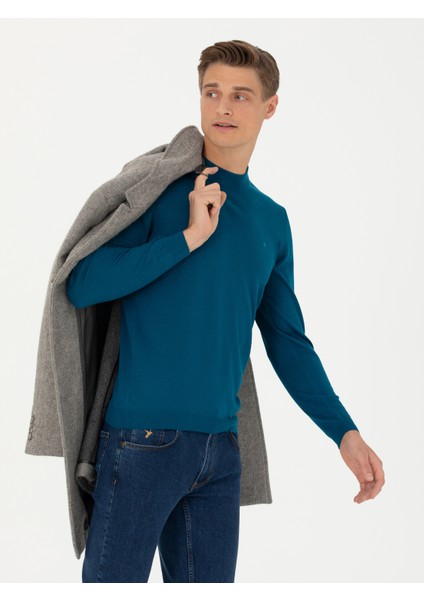 Erkek Petrol Slim Fit Çeyrek Balıkçı Yaka Triko Kazak 50276521-VR102