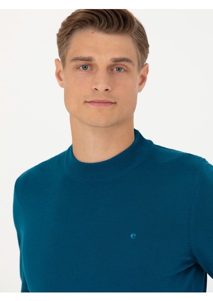 Erkek Petrol Slim Fit Çeyrek Balıkçı Yaka Triko Kazak 50276521-VR102
