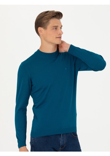 Erkek Petrol Slim Fit Çeyrek Balıkçı Yaka Triko Kazak 50276521-VR102