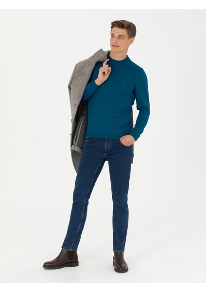 Erkek Petrol Slim Fit Çeyrek Balıkçı Yaka Triko Kazak 50276521-VR102
