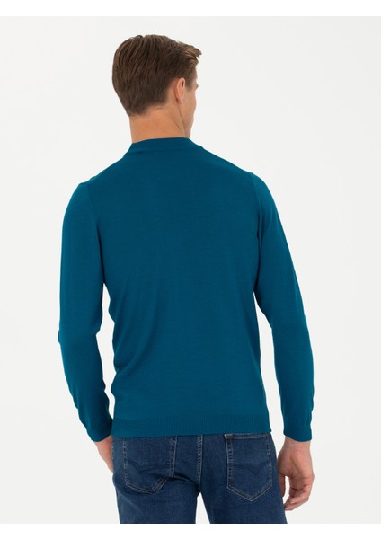 Erkek Petrol Slim Fit Çeyrek Balıkçı Yaka Triko Kazak 50276521-VR102