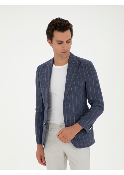Erkek İndigo Slim Fit %100 Keten Ceket 50284602-VR028