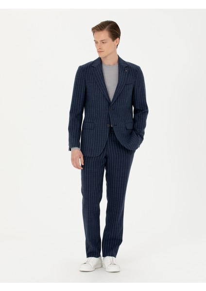 Erkek Lacivert Slim Fit Yün Karışımlı Çizgili Kumaş Pantolon 50273654-VR033