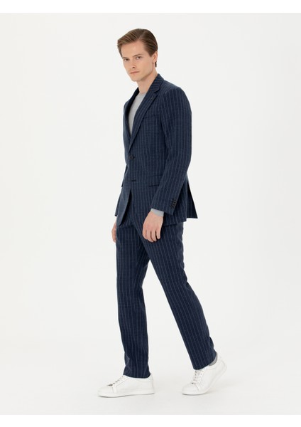 Erkek Lacivert Slim Fit Yün Karışımlı Çizgili Kumaş Pantolon 50273654-VR033 modelleri