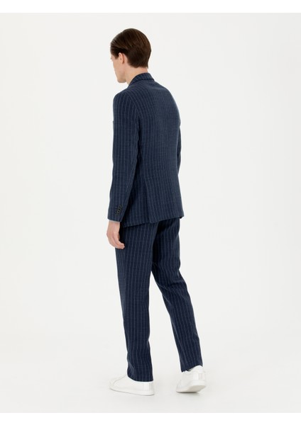 Erkek Lacivert Slim Fit Yün Karışımlı Çizgili Kumaş Pantolon 50273654-VR033 fırsatları