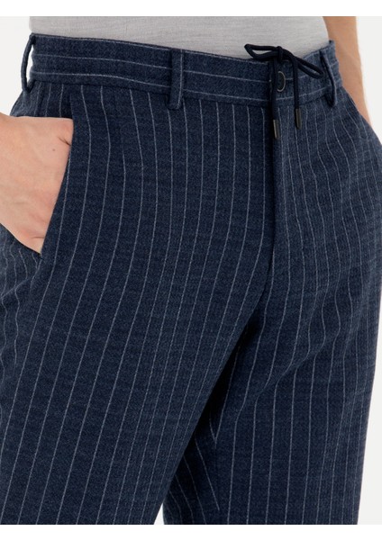 Erkek Lacivert Slim Fit Yün Karışımlı Çizgili Kumaş Pantolon 50273654-VR033 indirimleri