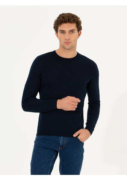 Erkek Lacivert Slim Fit Bisiklet Yaka Basic Triko Kazak 50237038-VR033