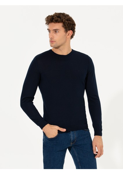 Erkek Lacivert Slim Fit Bisiklet Yaka Basic Triko Kazak 50237038-VR033 fiyatları