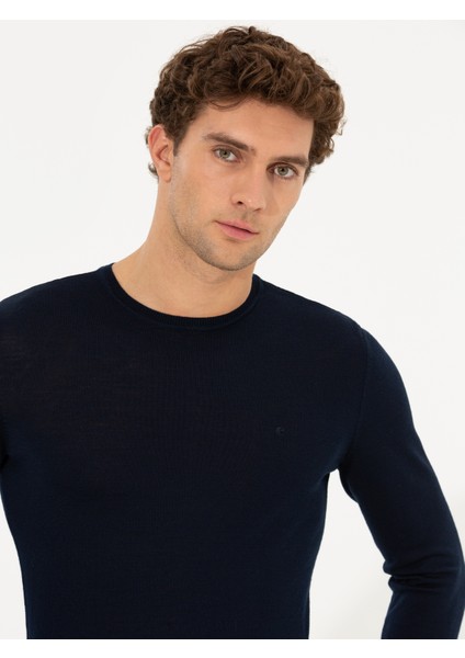 Erkek Lacivert Slim Fit Bisiklet Yaka Basic Triko Kazak 50237038-VR033 modelleri