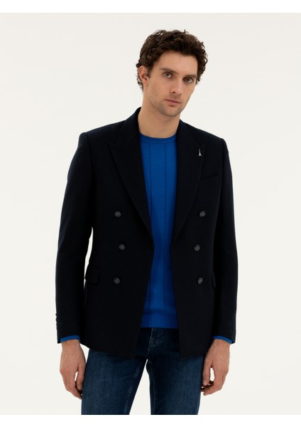 Erkek Lacivert Slim Fit Yün Karışımlı Kruvaze Ceket 50278131-VR033
