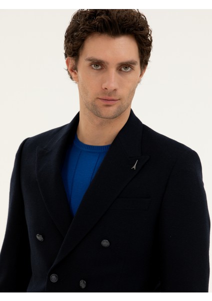Erkek Lacivert Slim Fit Yün Karışımlı Kruvaze Ceket 50278131-VR033