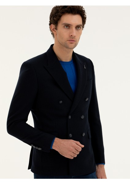 Erkek Lacivert Slim Fit Yün Karışımlı Kruvaze Ceket 50278131-VR033