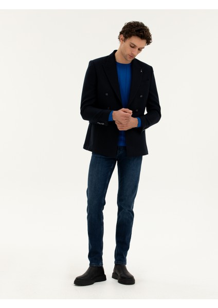 Erkek Lacivert Slim Fit Yün Karışımlı Kruvaze Ceket 50278131-VR033