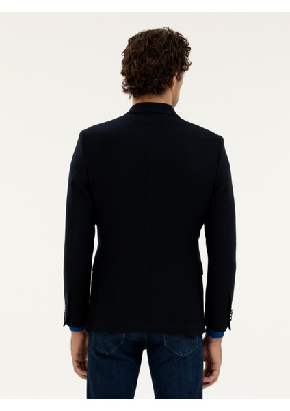 Erkek Lacivert Slim Fit Yün Karışımlı Kruvaze Ceket 50278131-VR033