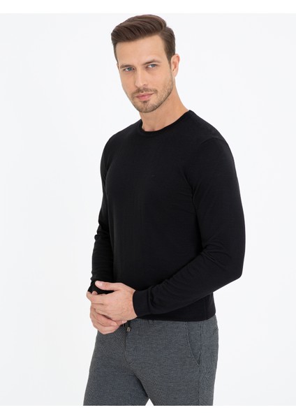 Erkek Siyah Slim Fit Bisiklet Yaka Basic Triko Kazak 50237038-VR046