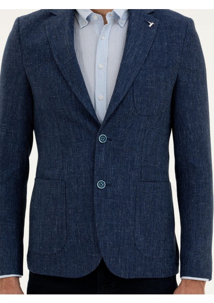 Erkek Lacivert Slim Fit Yün Keten Karışımlı Ceket 50285324-VR033
