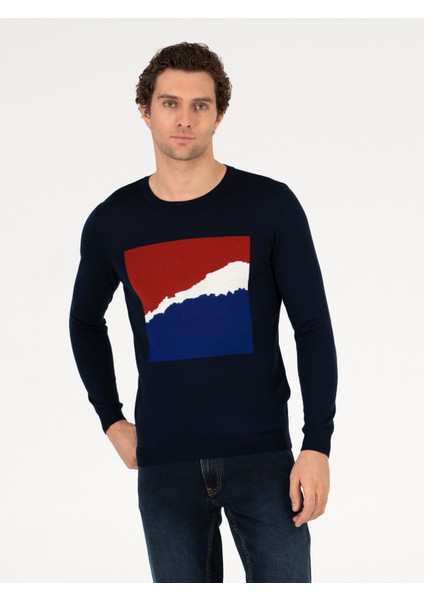 Erkek Lacivert Slim Fit Bisiklet Yaka Triko Kazak 50259300-VR033