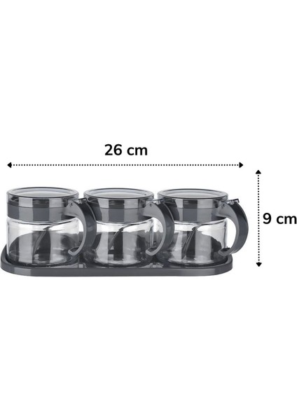 Gri 3&apos;lü Standlı Kapaklı Kaşıklı Cam Hava Sızdırmaz Baharatlık Takımı KC-386 (K0)