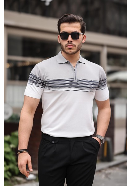 Gri Beyaz Fermuarlı Triko Polo Yaka Tişört